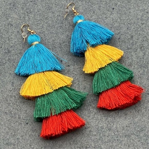 Dangle Pierced Earrings Tassel Multicolor Long Blue Yellow Green Red Retro BoHo - Picture 3 of 5